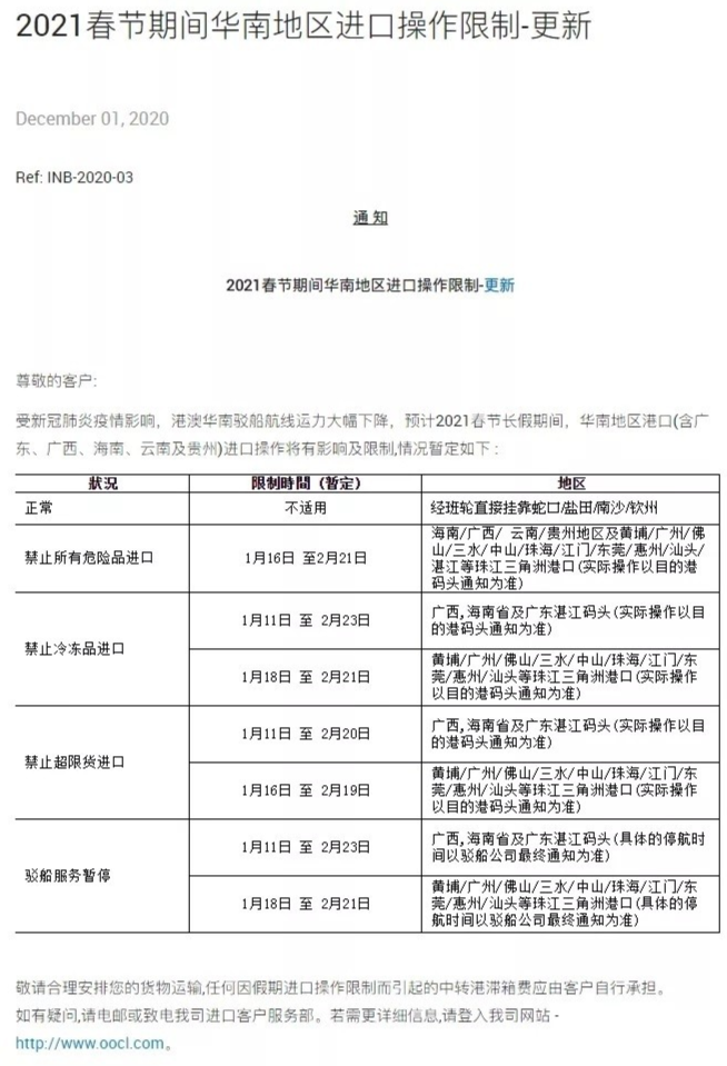 船公司宣布：春節期間暫時停止接收運往華南的貨物